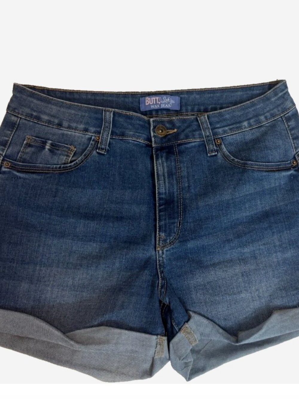 Wax Jeans Butt I Love You High Waisted Denim Shorts Roll Cuff Blue Large